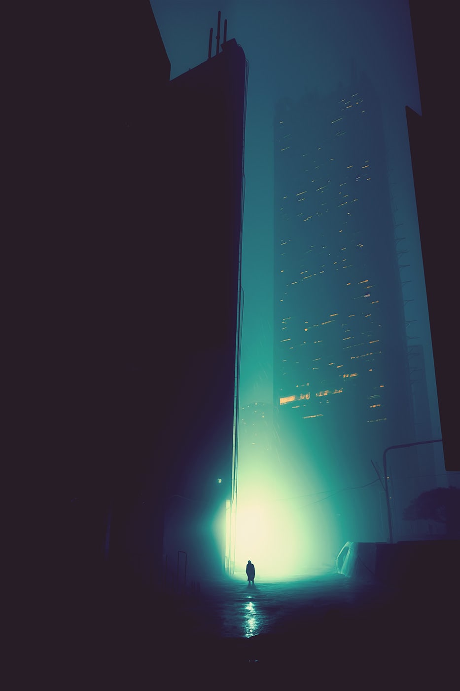 Gloomy artwork, city silhouette at night, skyscrapers in the fog, surrealist art | Wall Art