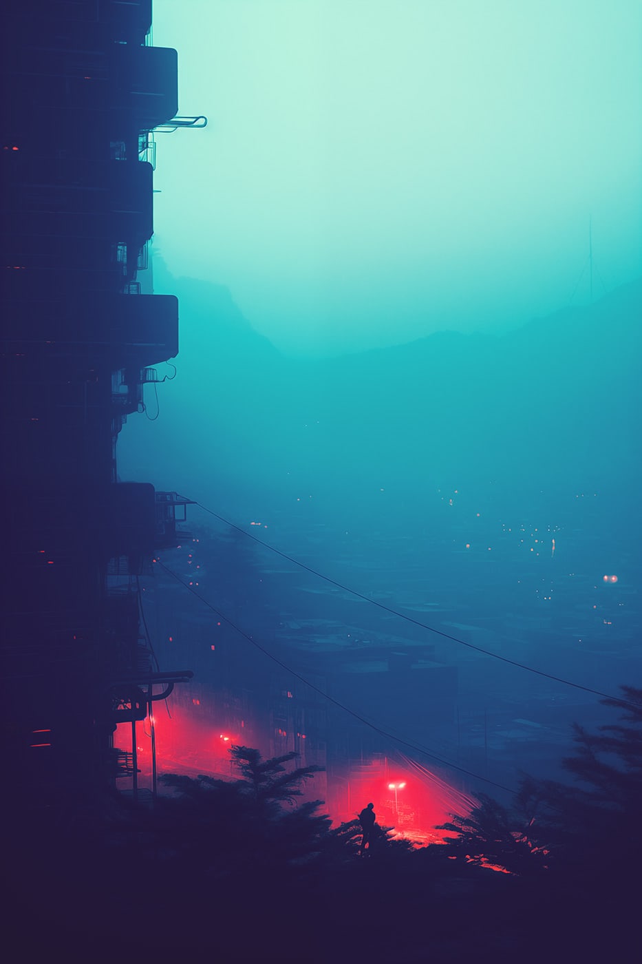 Foggy city, bird's eye view of skyscrapers and mountains in the haze | Wall Art
