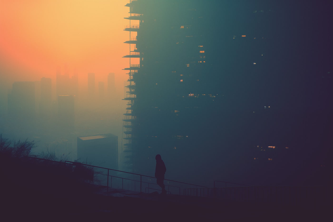 Dark lo-fi art, sunrise in the foggy city, contrasting silhouette | Wall Art