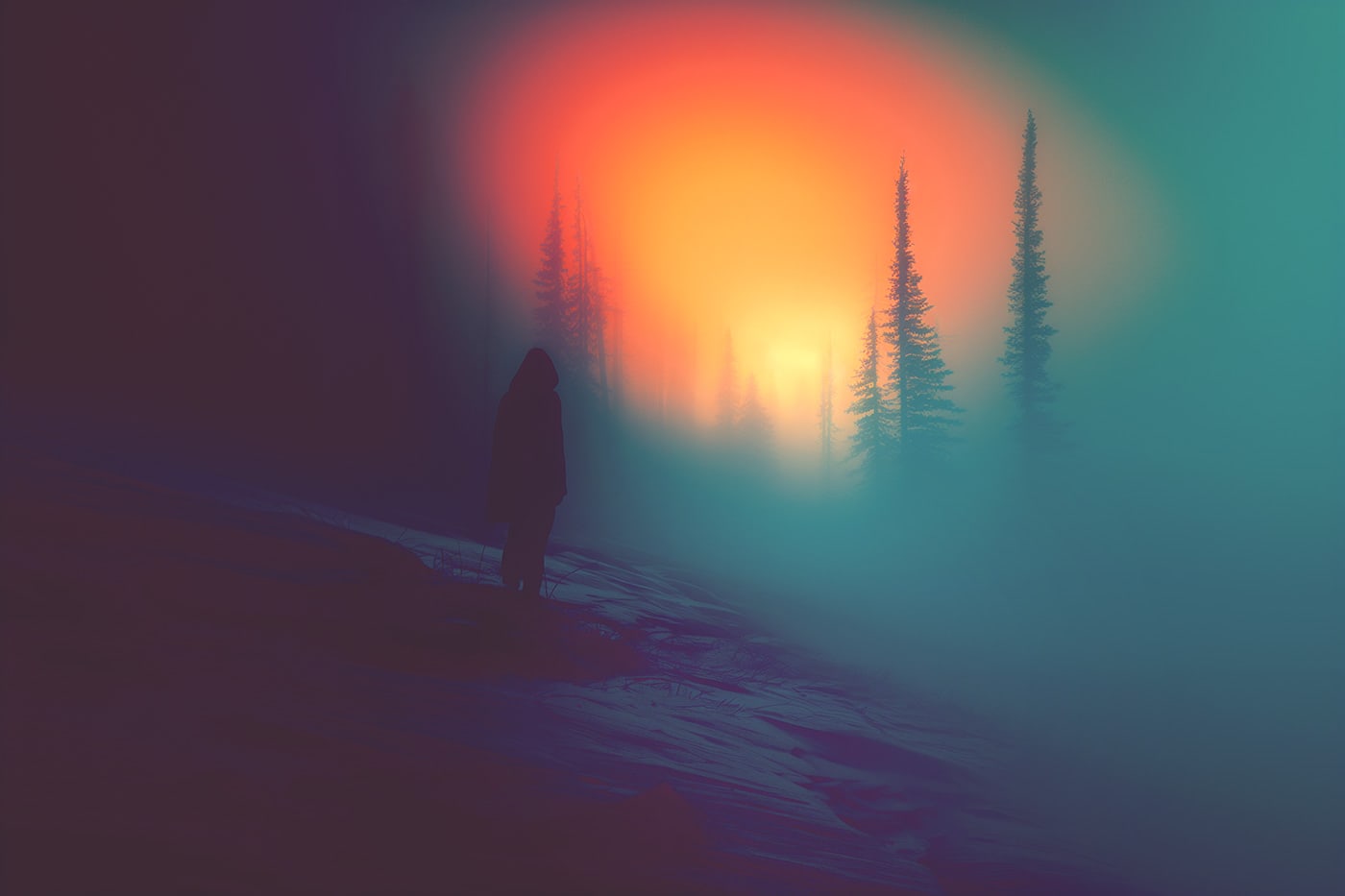 Gloomy winter landscape in the fog at sunset, atmospheric art, contrast silhouette | Wall Art