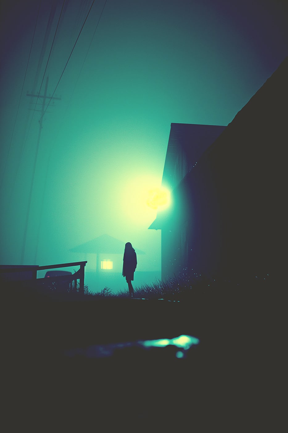 Dark atmospheric art, lonely village submerged in fog, backlight contrast silhouette | Wall Art