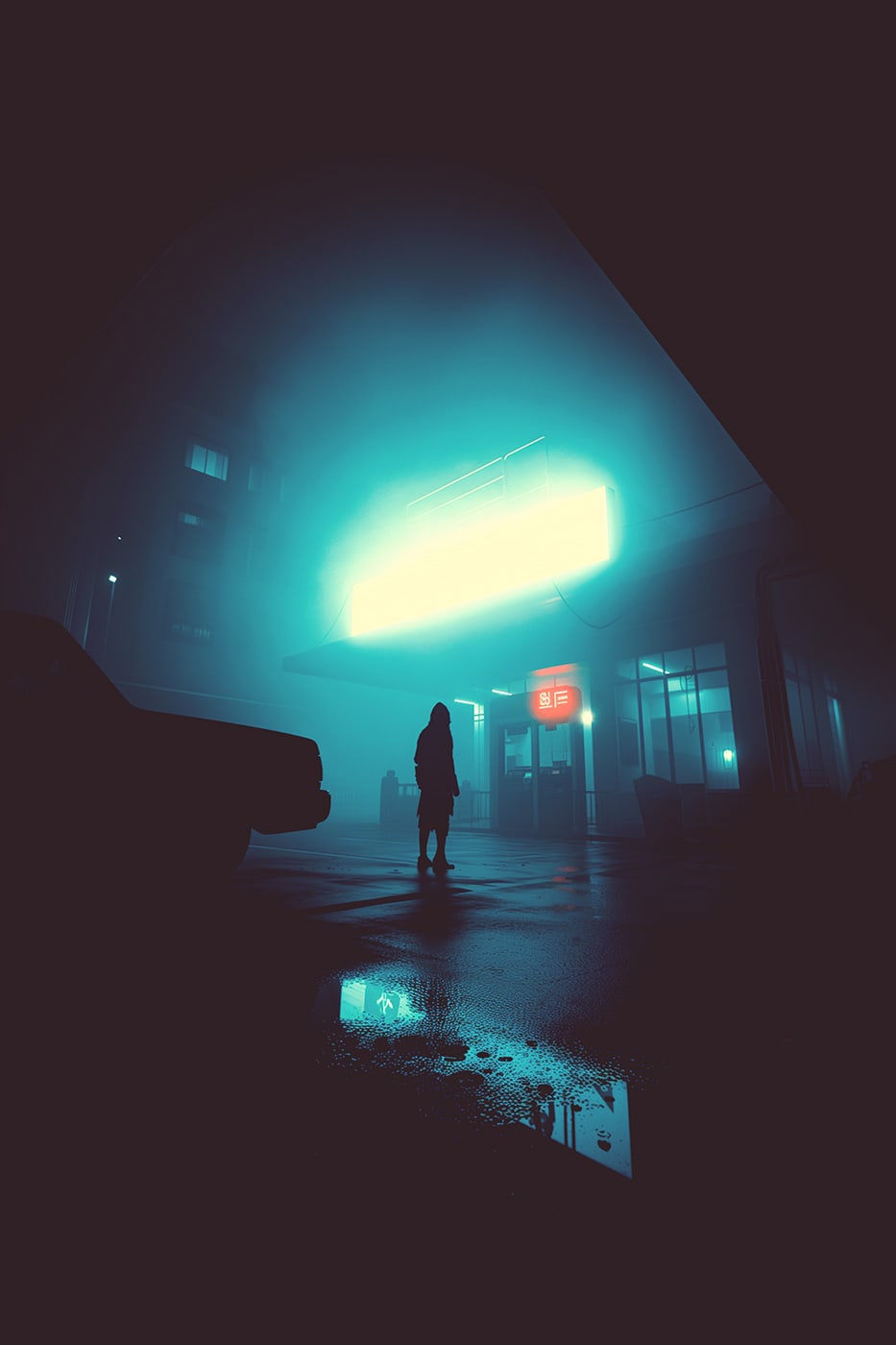 Dark atmospheric art, character silhouette in front of a neon gas station sign, high contrast | Wall Art