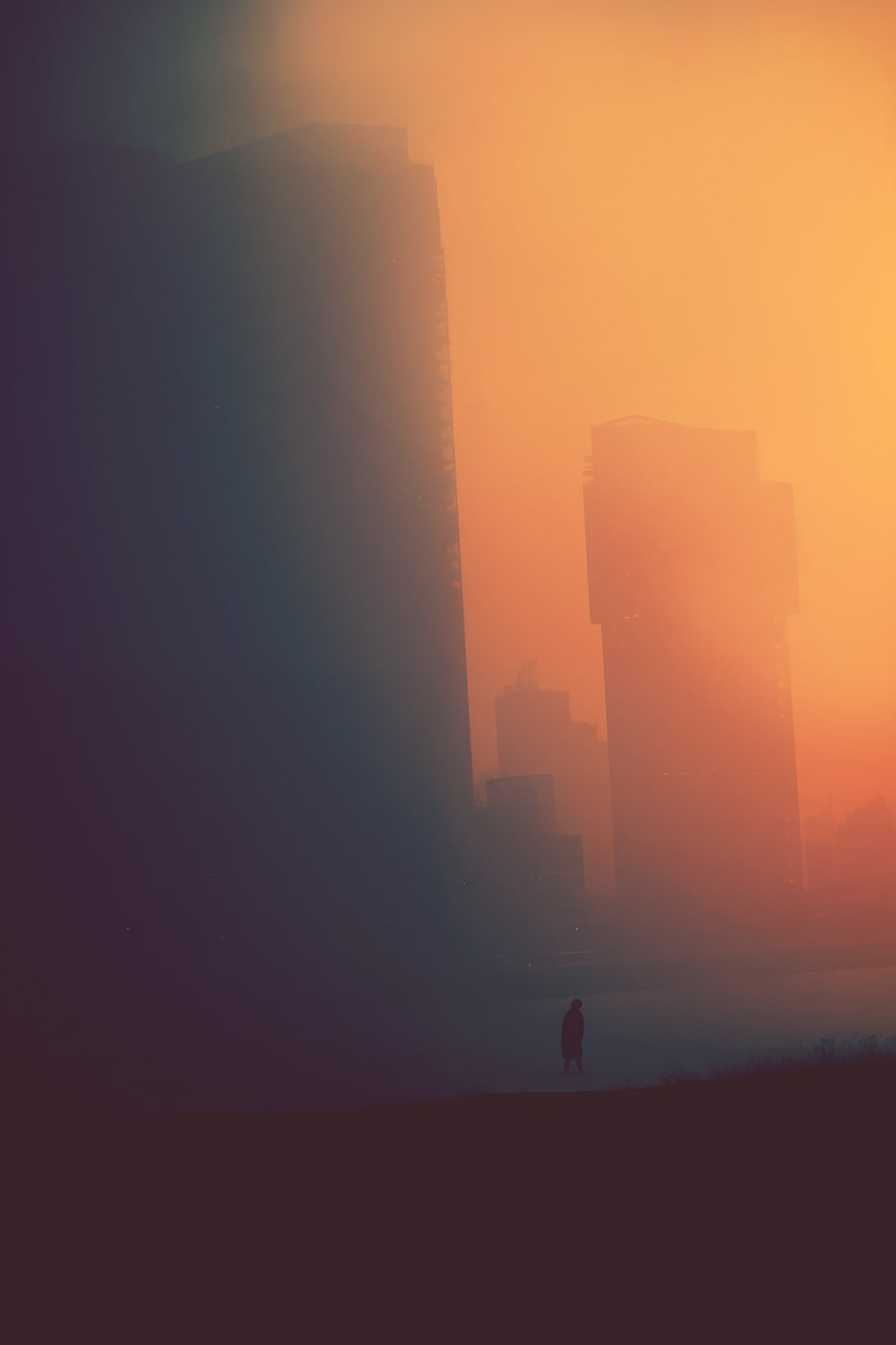 Atmospheric neo-noir city in the sunset silhouette, skyscrapers submerged in fog | Wall Art