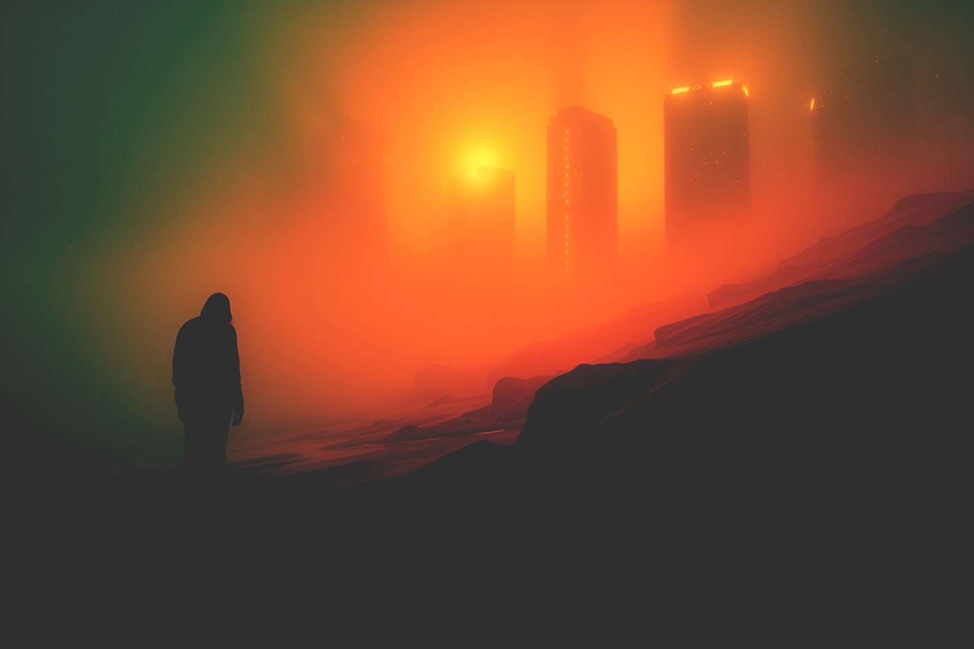 Cinematic luminous cityscape, silhouette in the haze, atmospheric neo-noir art | Wall Art