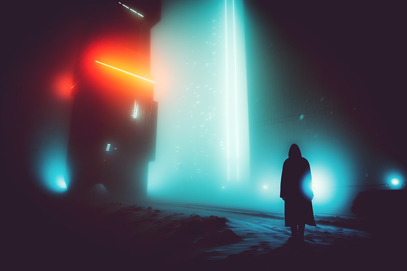 Atmospheric cyberpunk neo-noir art, character silhouette in the snow, neon lights at night | Wall Art