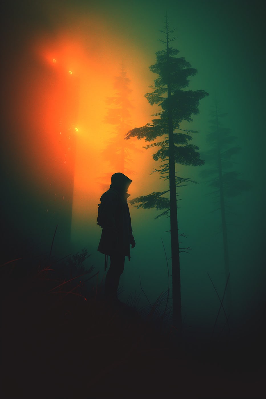 Mysterious character in the nocturnal, orange glowing misty forest, neo-noir art | Wall Art