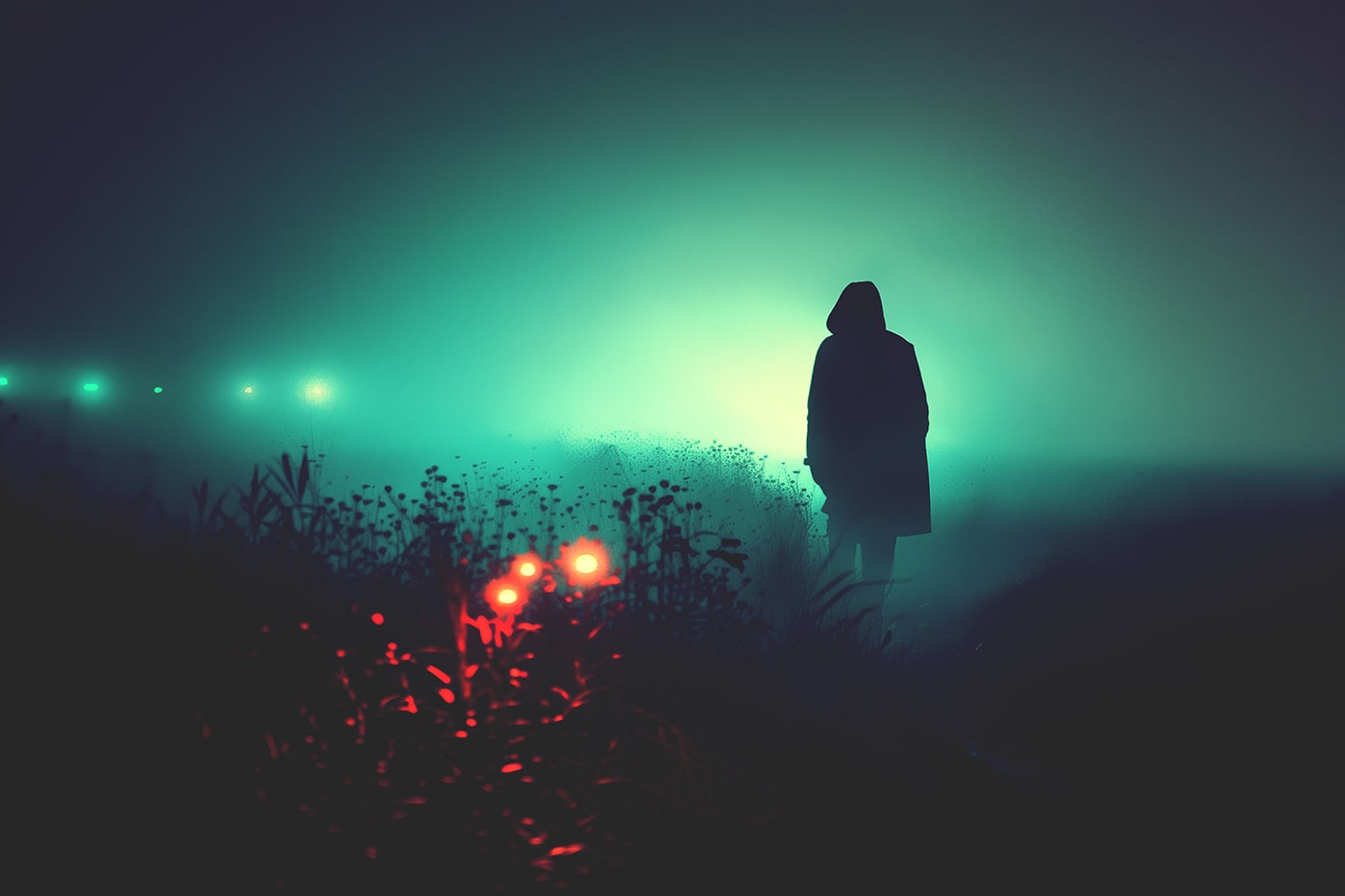 Neo-noir art, mysterious figure in dense fog in a nocturnal field in the countryside | Wall Art