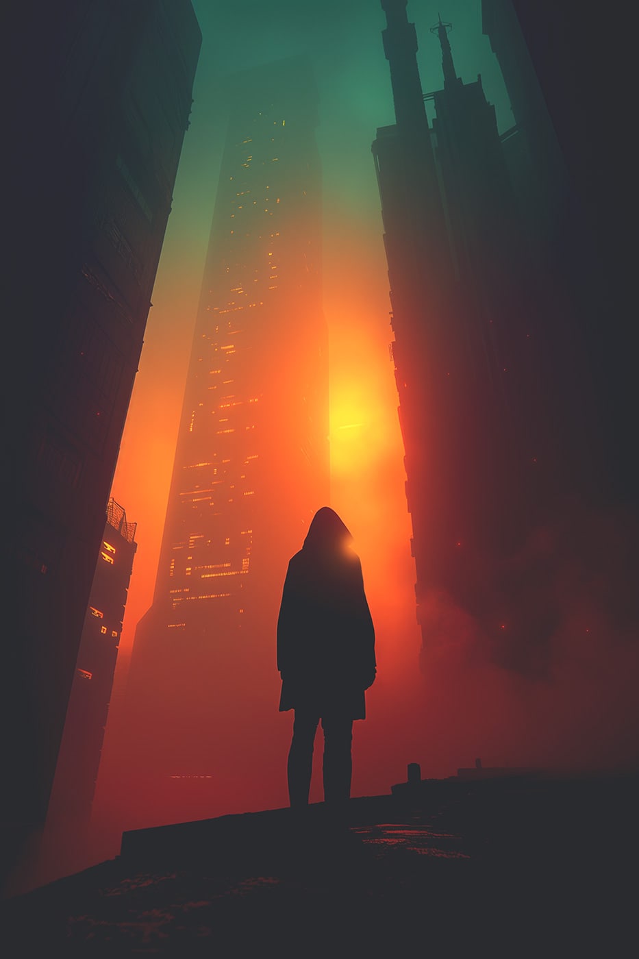 Dreamy cyberpunk art, mysterious character in the haze of city skyscrapers | Wall Art