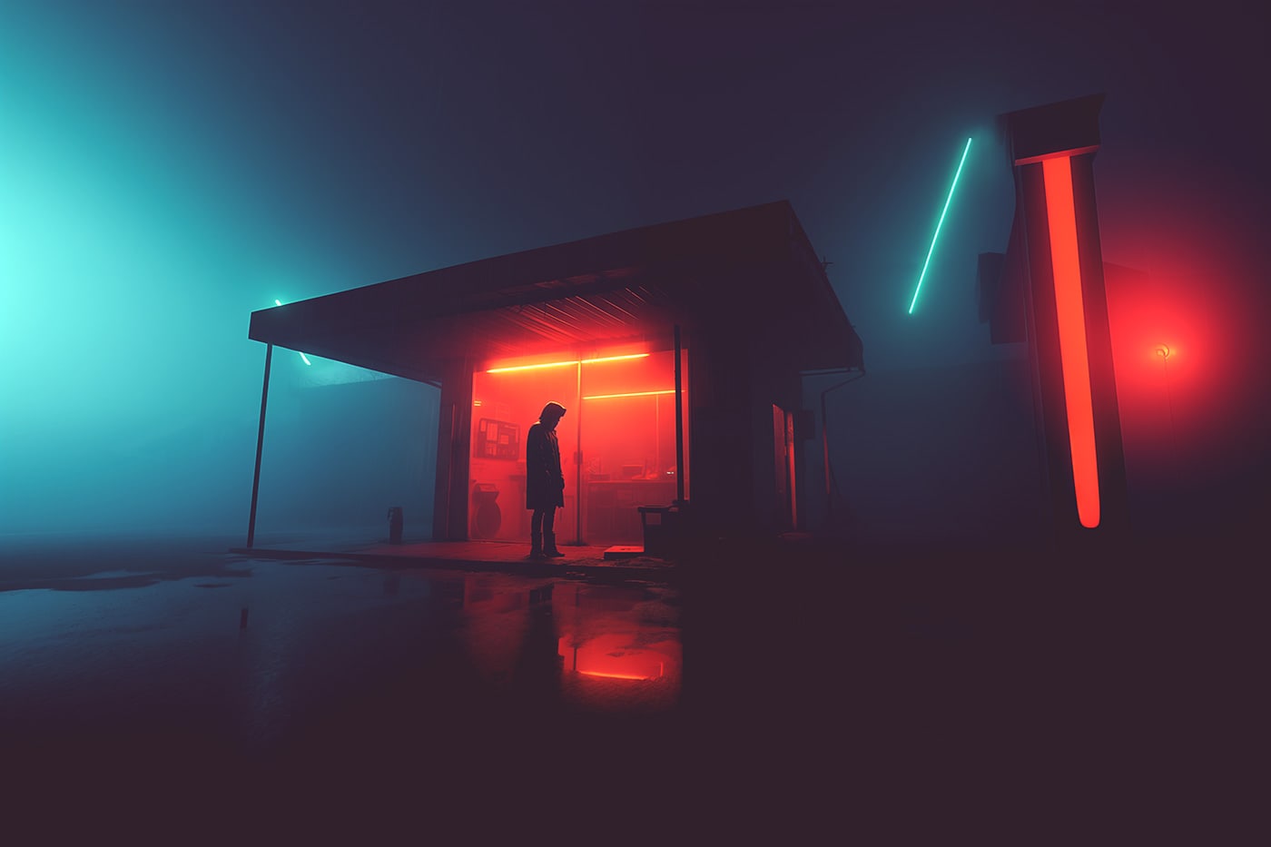 Surrealist neo-noir art, mysterious figure in dense fog at a gas station at night | Wall Art