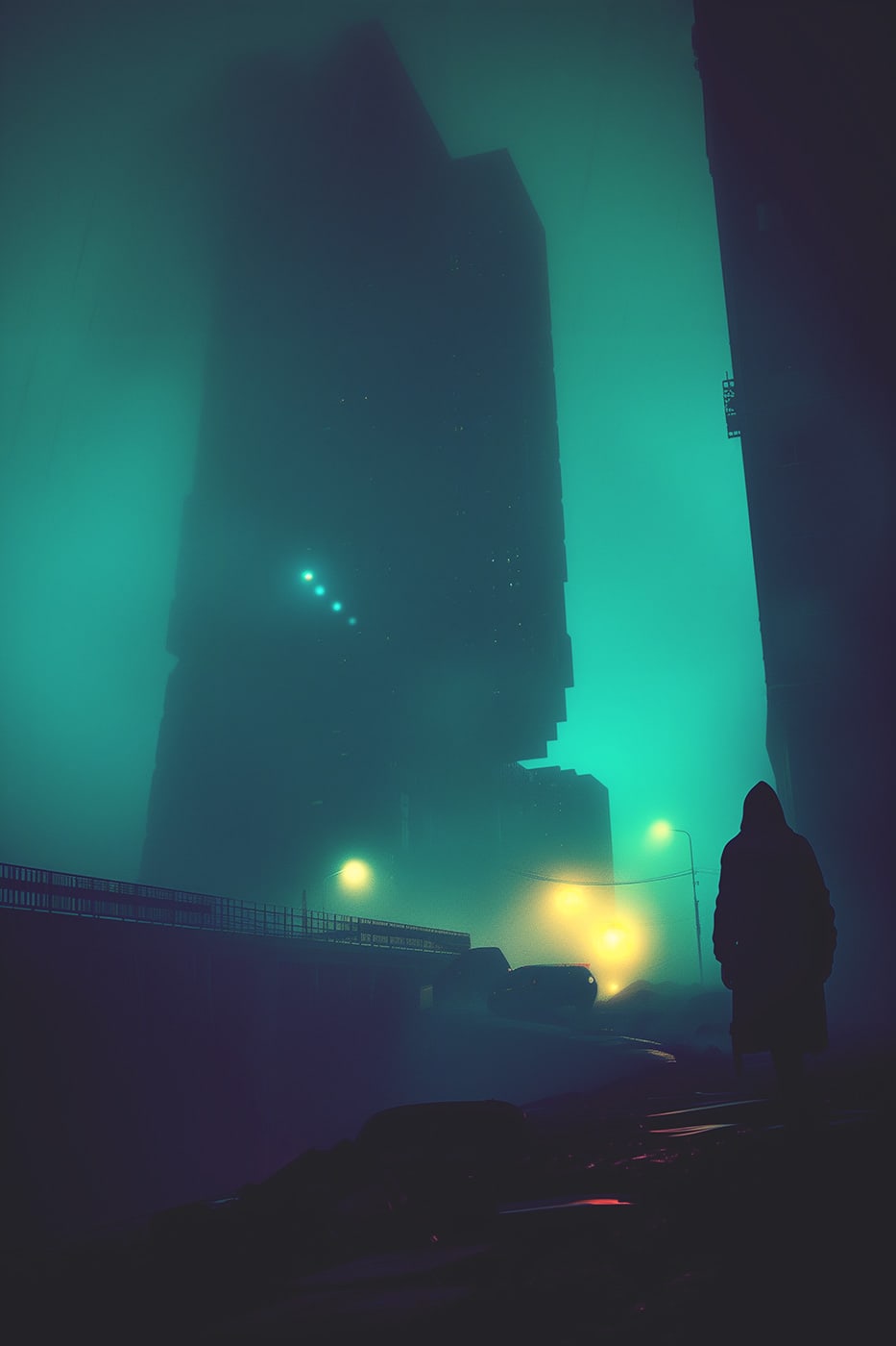 Gloomy dream city, skyscraper in the fog, modern neo-noir movie art | Wall Art