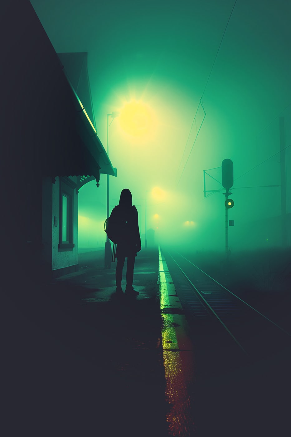 Empty train station at midnight in the fog, lonely figure, atmospheric neo-noir art | Wall Art