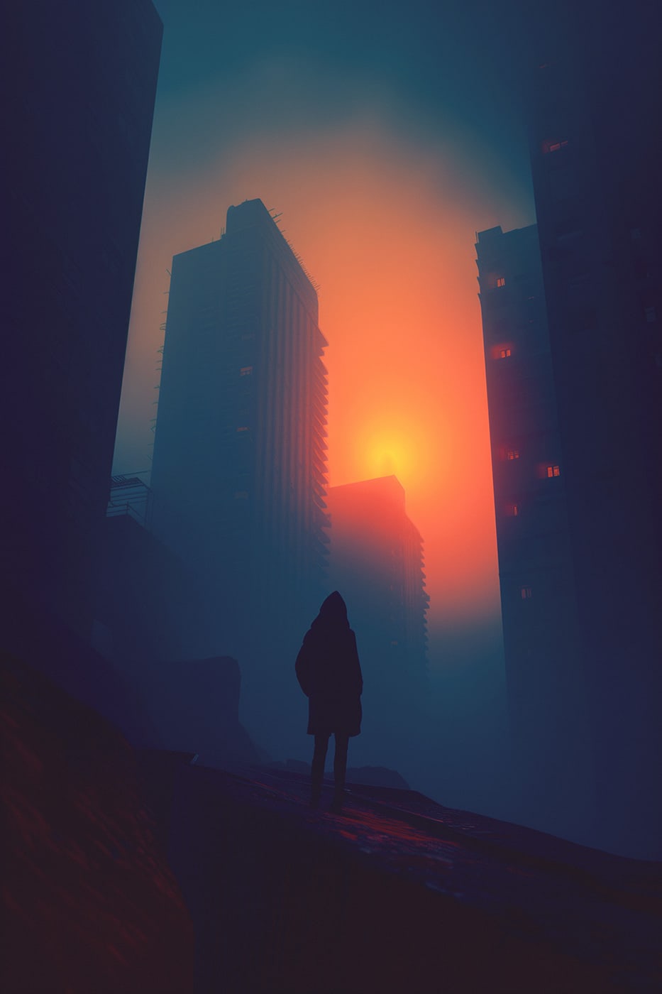 Dystopian city ruins in the haze, atmospheric dusk, neo-noir art | Wall Art