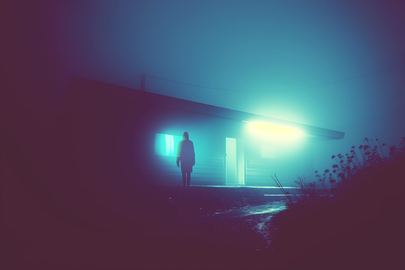 Lonely sleepless night, 3am aesthetics, minimalist neo-noir wall art, hut in neon light | Wall Art