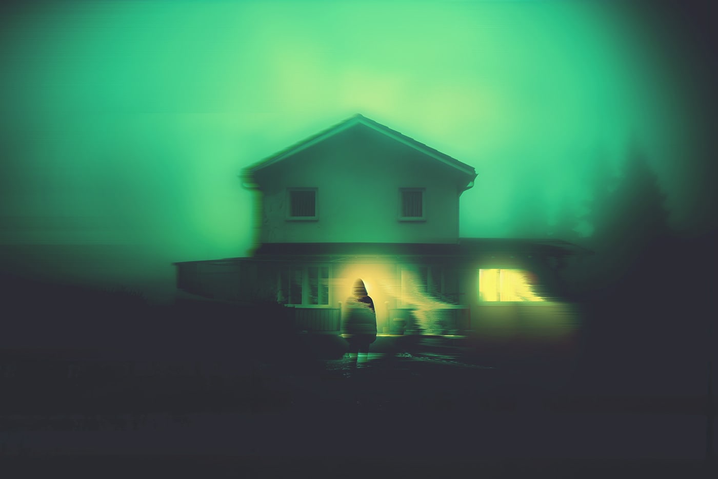Neo-noir glitch artwork, lonely house in foggy forest at night, nostalgia memory | Wall Art