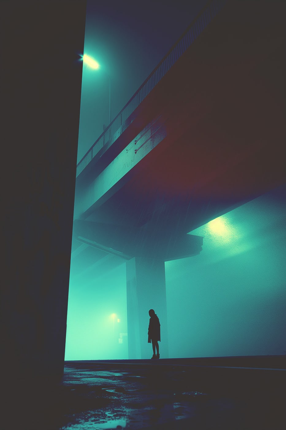 Alone at night under a bridge, gloomy neo-noir artwork, minimalism, washed-out colors | Wall Art
