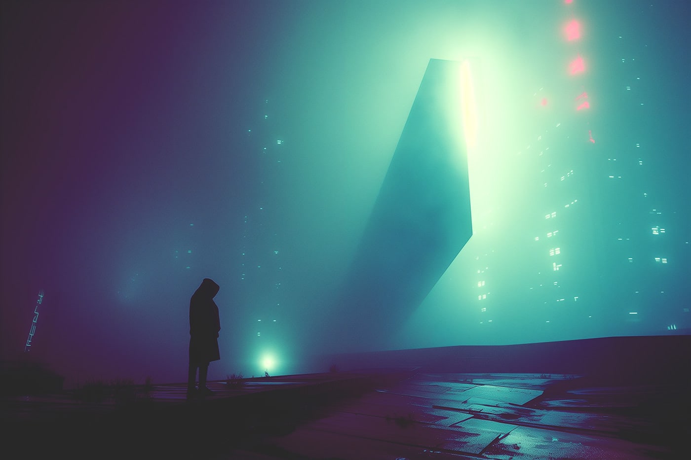 Cyberpunk neon monolith, minimalist, futuristic neo-noir art, Blade Runner 2049 style | Wall Art
