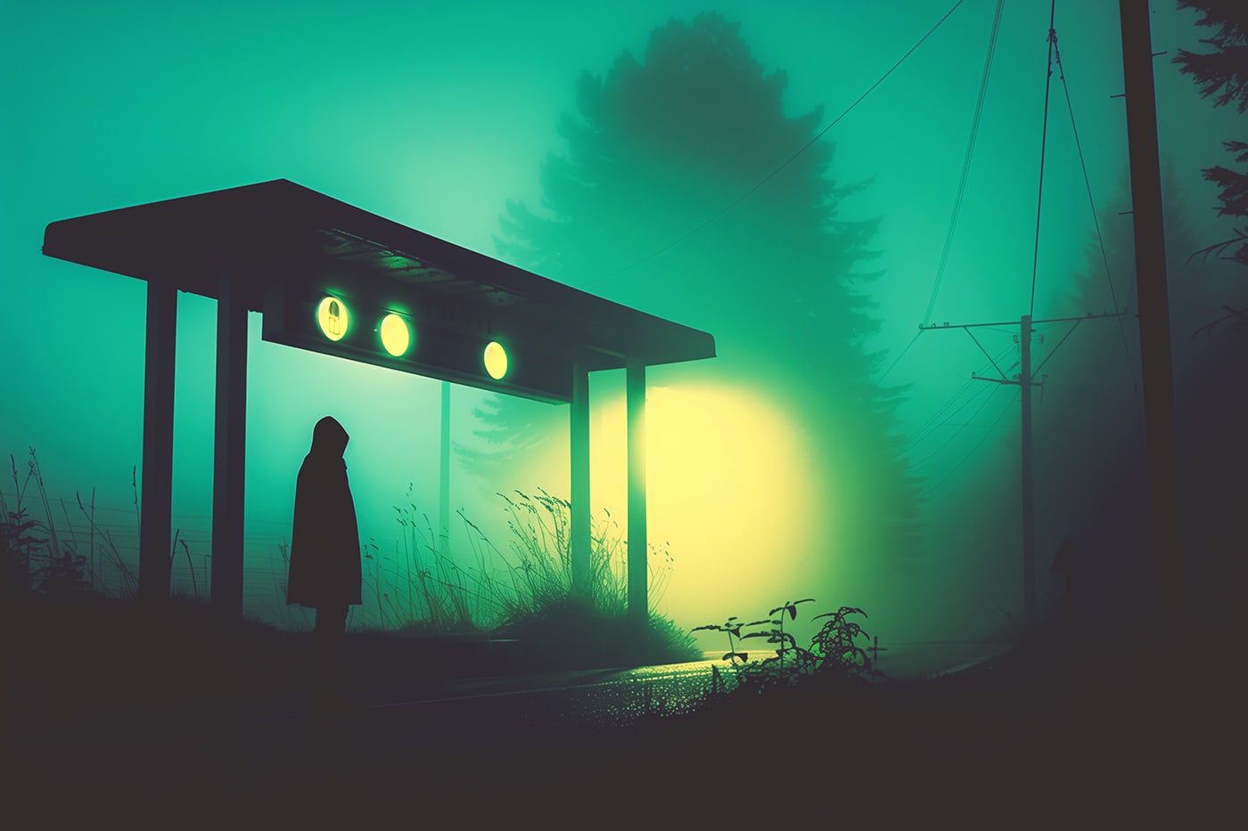 Rural bus stop at night with mysterious, lonely person, atmospheric neo-noir art | Wall Art
