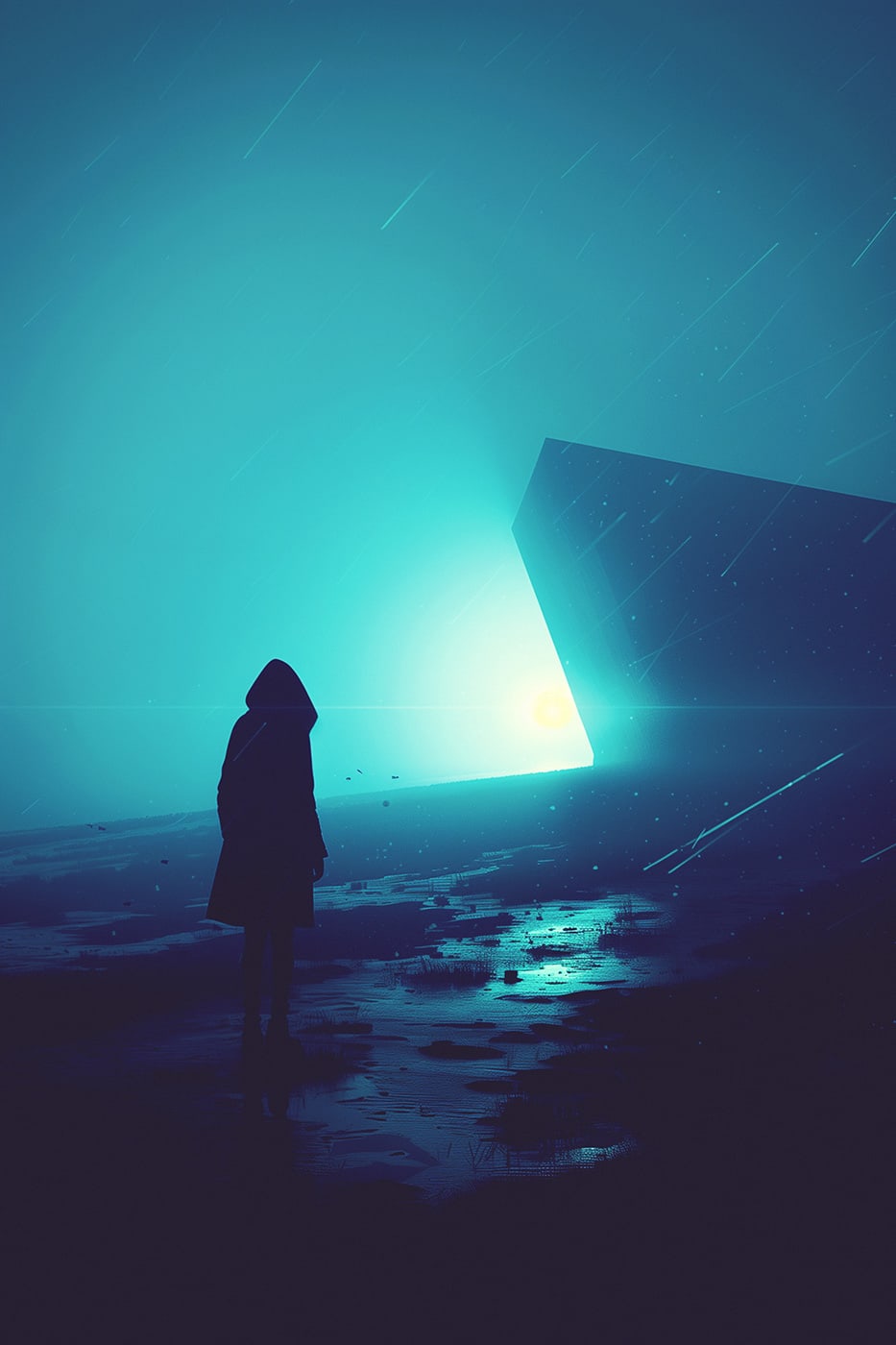Rainy, nocturnal landscape, blue monolith, atmospheric neo-noir art, Blade Runner 2049 style | Wall Art