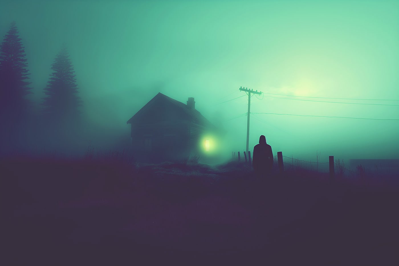 Lonely hut in the forest in the mountains - gloomy, misty landscape - monochrome, minimalist AI art | Wall Art