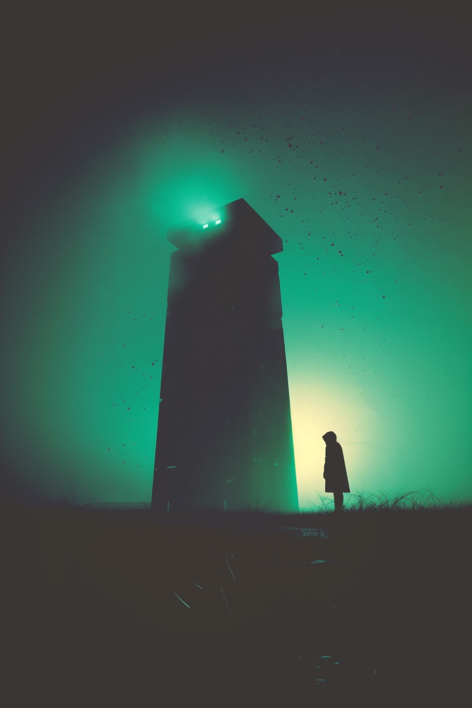 Cyberpunk watchtower, lonely character in the fog at night - monochrome, minimalist AI art | Wall Art
