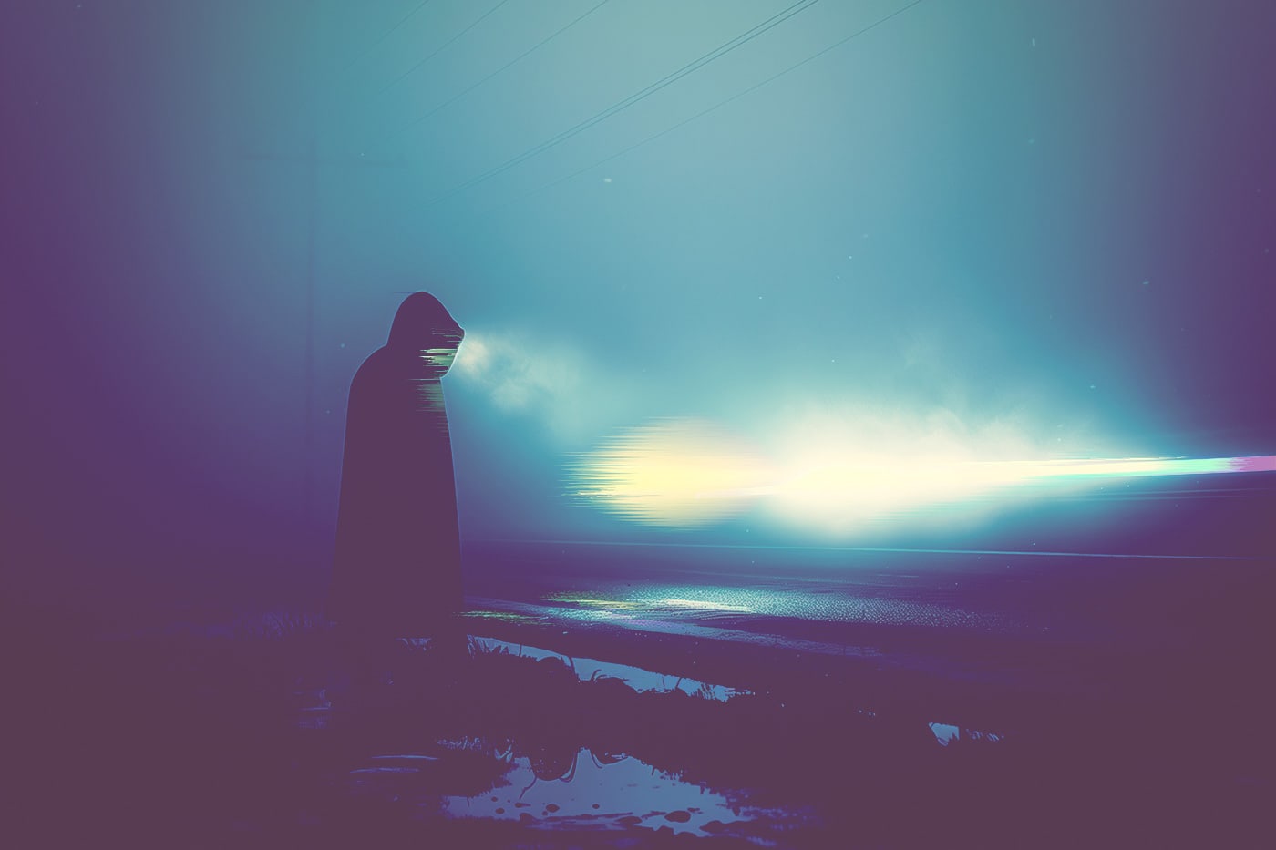 Mystical light in the lonely, foggy night - minimalist, AI glitch art | Wall Art