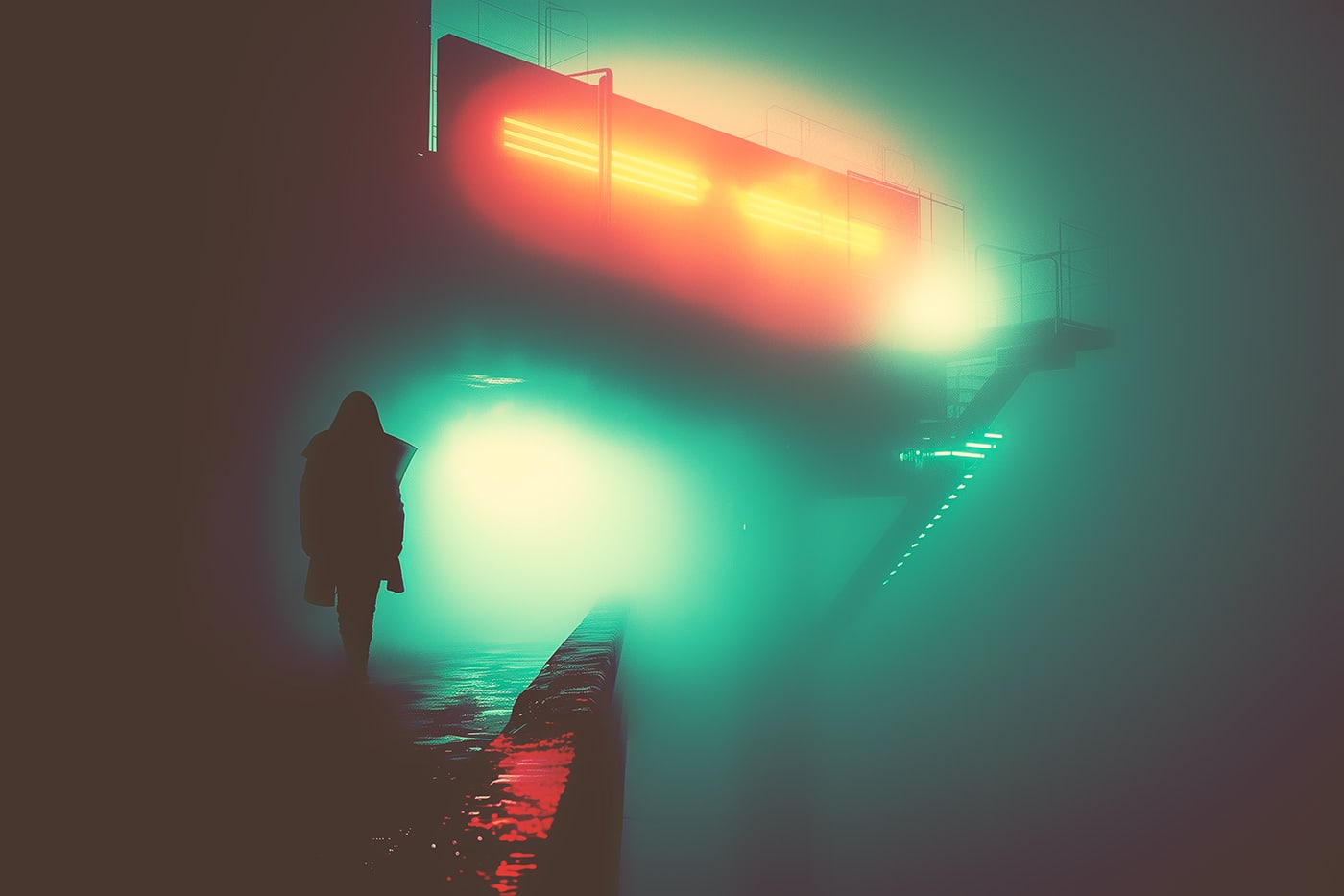 Foggy night in cyberpunk city • glowing neon sign • futuristic new media art • modern AI wall art | Wall Art