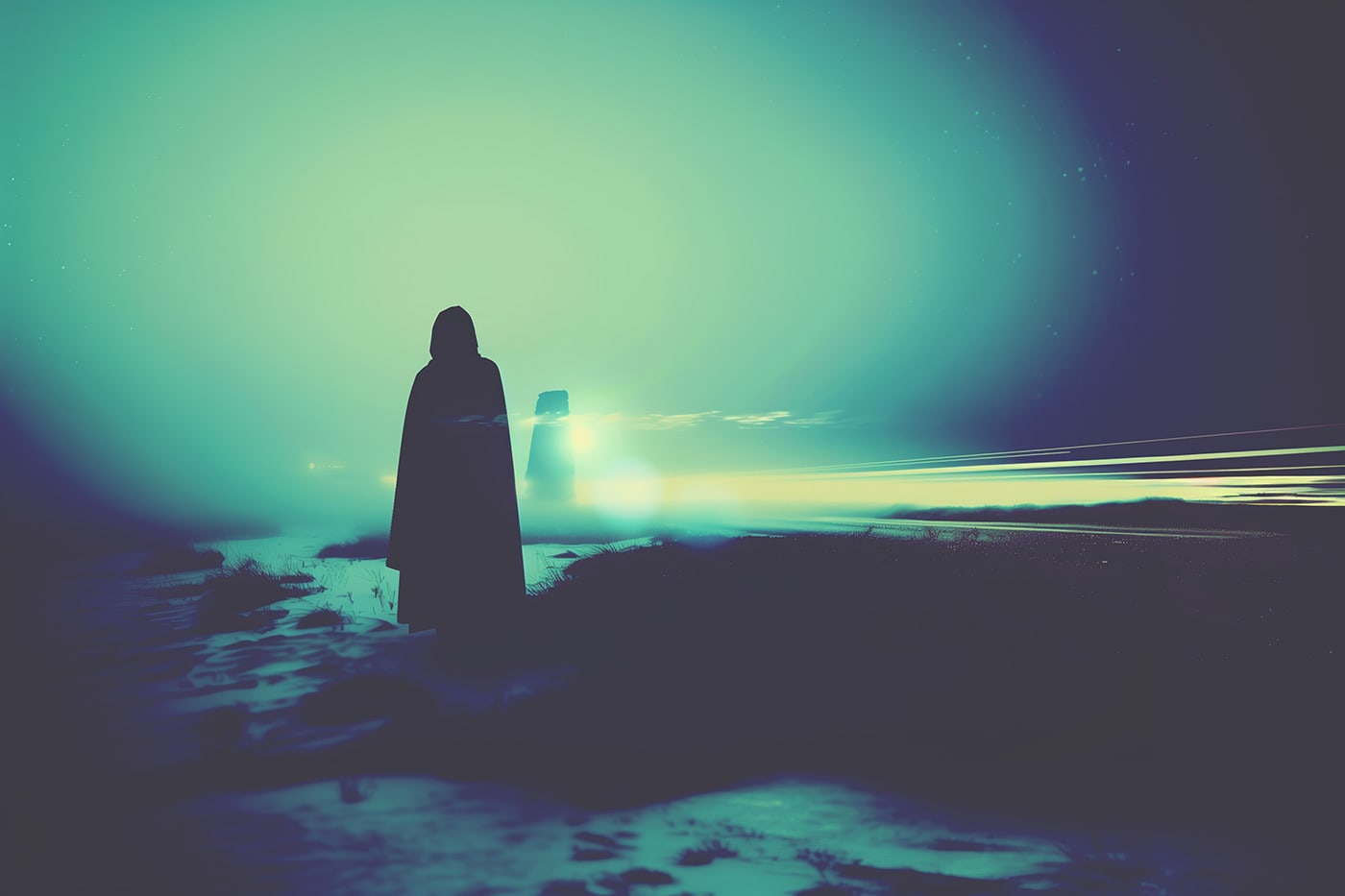 Minimalist, ethereal art • solo traveler in surrealist landscape • atmospheric new media art • modern AI wall art | Wall Art