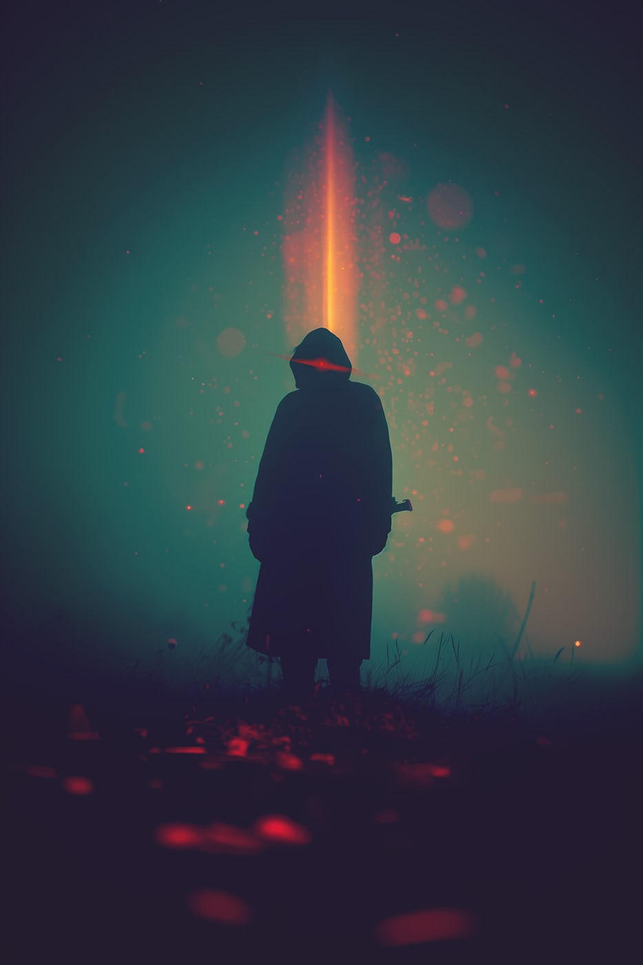 Dark, mystical new media sci-fi art • mysterious, cloaked person in the fog • mysterious glow • modern AI art | Wall Art