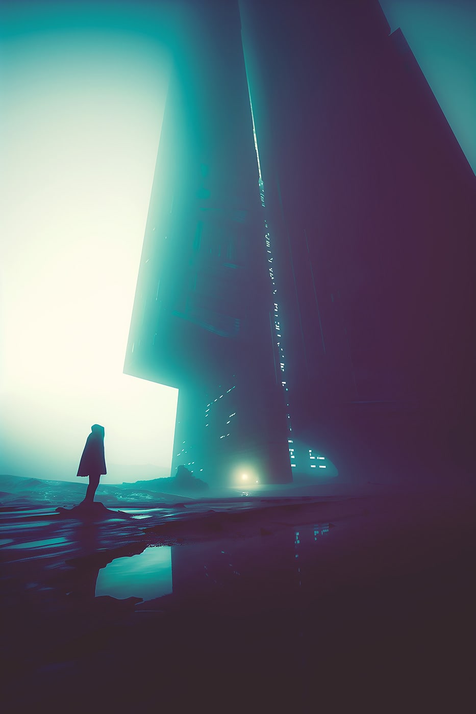 A lone mysterious, hooded person in an empty vast landscape, facing a giant, futuristic skyscraper building dissolving in the fog. An ethereal, minimalist new media AI artwork on the beauty and magic of solitude, inspired by the cinematic look of Blade Runner 2049. | Wall Art