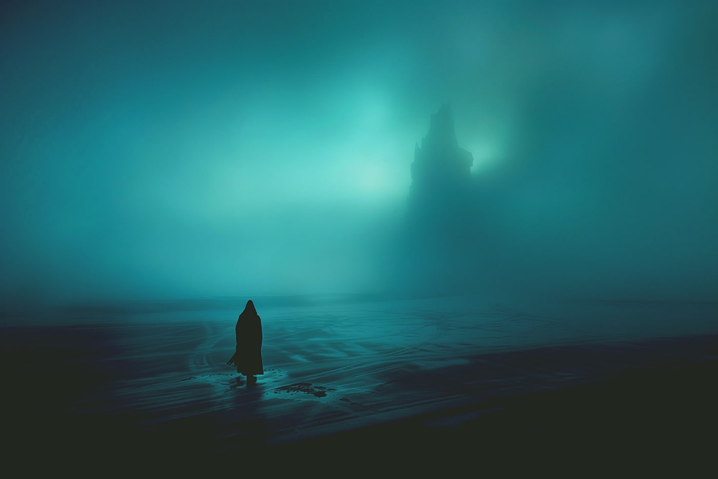 A lone mysterious, hooded person in a vast, seaside beach landscape approaching a mountain silhouette dissolving into the fog. An ethereal, minimalist new media AI artwork on the beauty and magic of solitude, inspired by the cinematic look of Blade Runner 2049. | Wall Art