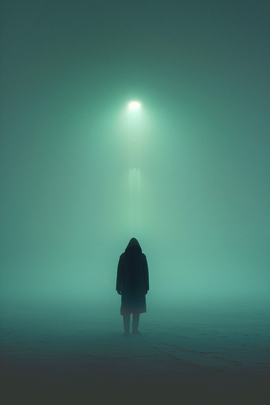 A lone mysterious, hooded person in a vast, snowy landscape all alone by himself lit by a mysterious street light dissolving into the fog. An ethereal, minimalist new media AI artwork on the beauty and magic of solitude, inspired by the cinematic look of Blade Runner 2049. | Wall Art