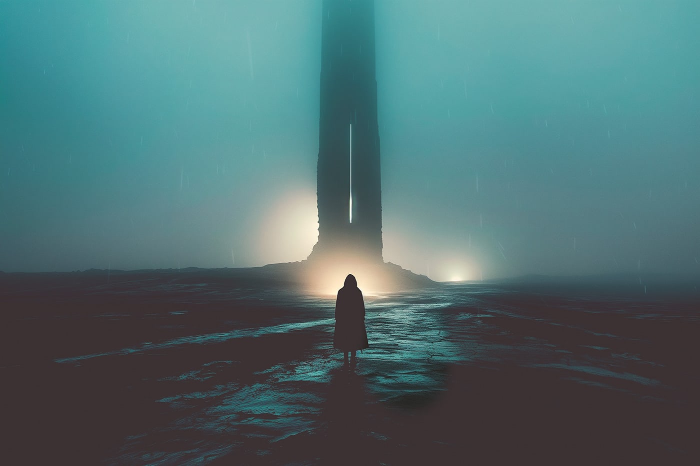 A lone hooded persons silhouette in a vast, foggy desert landscape facing a huge monolithic sci-fi tower structure. An ethereal, minimalist new media AI artwork on the beauty and magic of solitude, inspired by the cinematic look of Blade Runner 2049. | Wall Art
