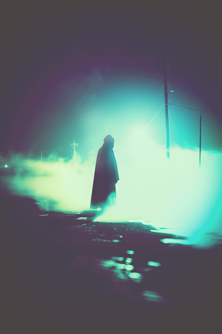 A lone hooded persons silhouette in a foggy industrial area dissolving in steam. An ethereal, minimalist new media AI artwork on the beauty and magic of solitude, inspired by the cinematic look of Blade Runner 2049. | Wall Art