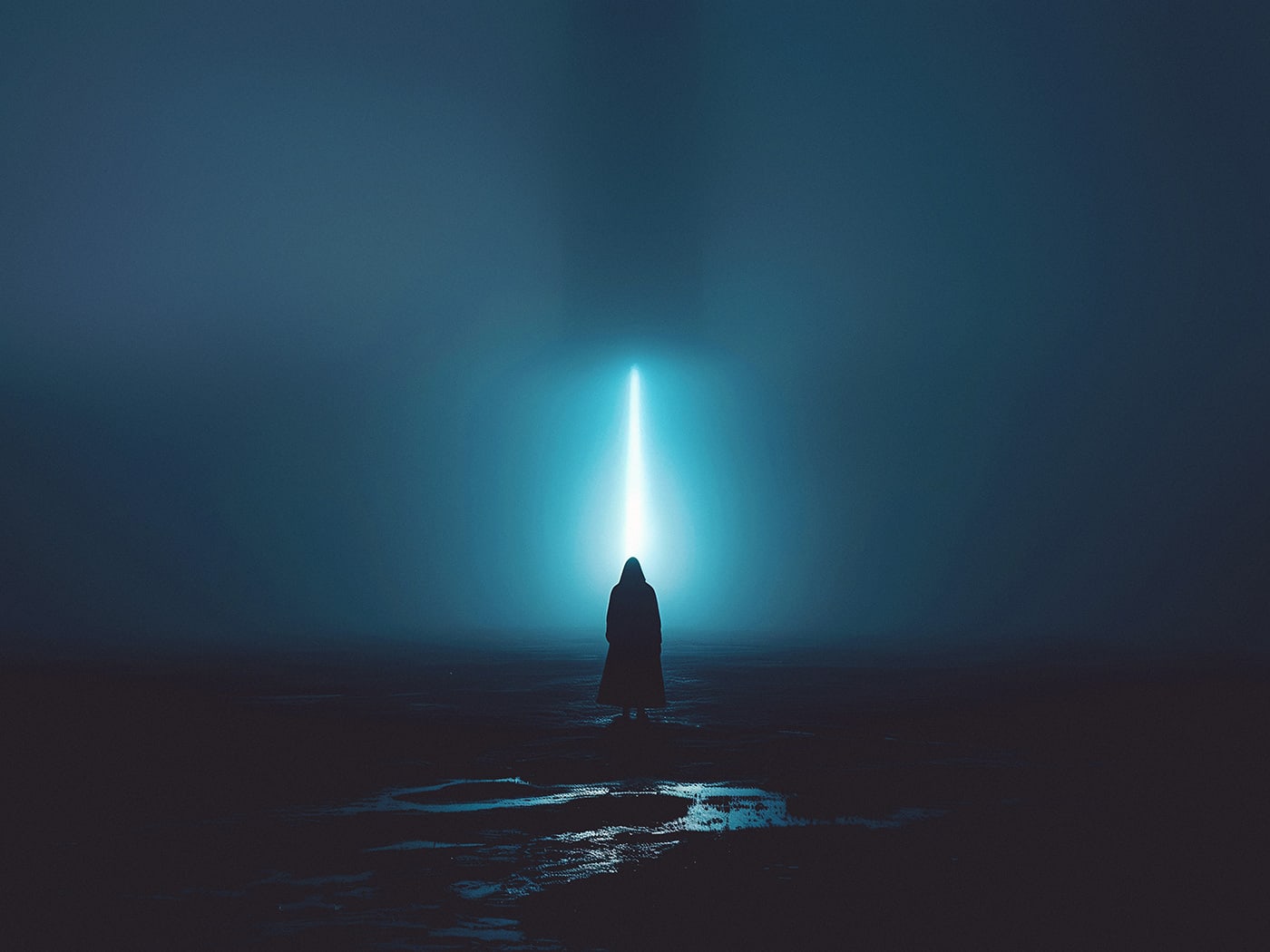 A lone hooded persons silhouette in an empty, vast landscape facing a bright light of beam. An ethereal, minimalist new media AI artwork on the beauty and magic of solitude, inspired by the cinematic look of Blade Runner 2049. | Wall Art
