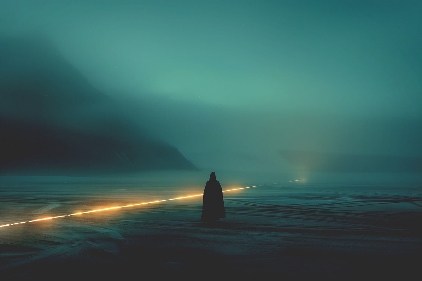 A lone hooded person in a vast desert landscape in the evening following a surrealist light bar in the sand. An ethereal, minimalist new media AI artwork on the beauty and magic of solitude, inspired by the cinematic look of Blade Runner 2049. | Wall Art