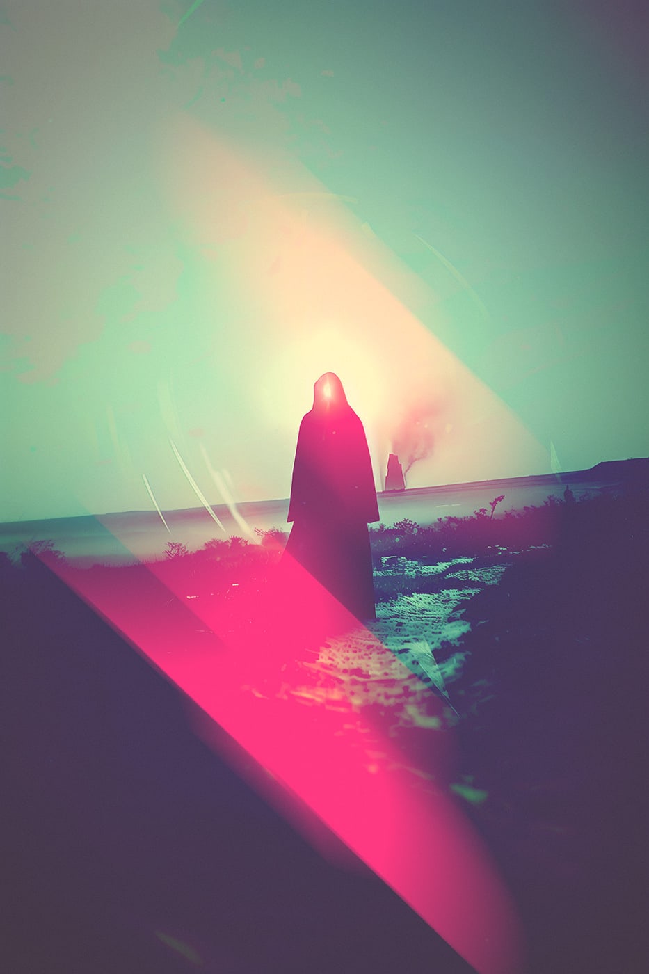 A lone hooded person in a vast desert landscape with surrealistic bright lights wandering to achieve realization. An ethereal, minimalist new media AI artwork on the beauty and magic of solitude, inspired by the cinematic look of Blade Runner 2049. | Wall Art