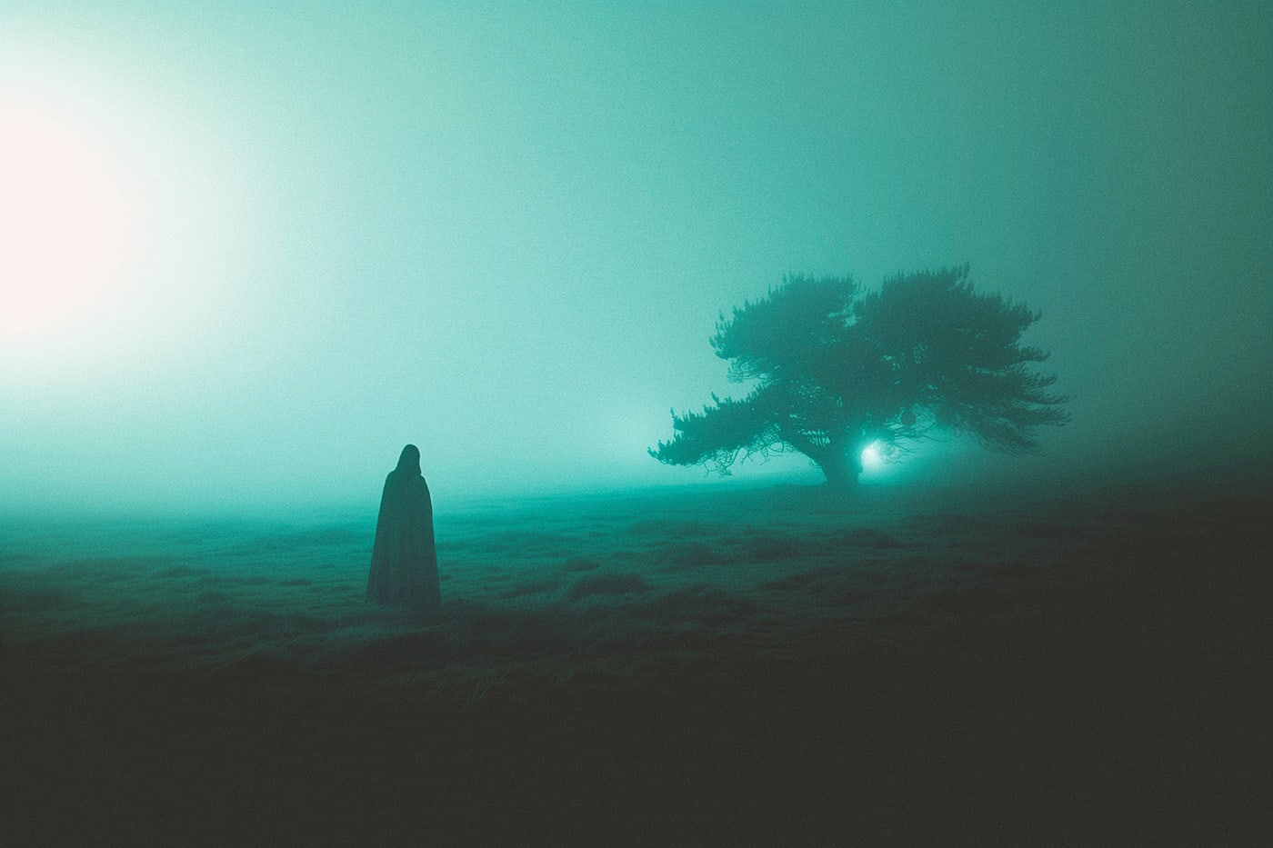 A lone hooded person on a foggy meadow, looking at a lone tree. A mysterious green light shines. An ethereal, minimalist new media AI artwork on the beauty and magic of solitude, inspired by the cinematic look of Blade Runner 2049. | Wall Art