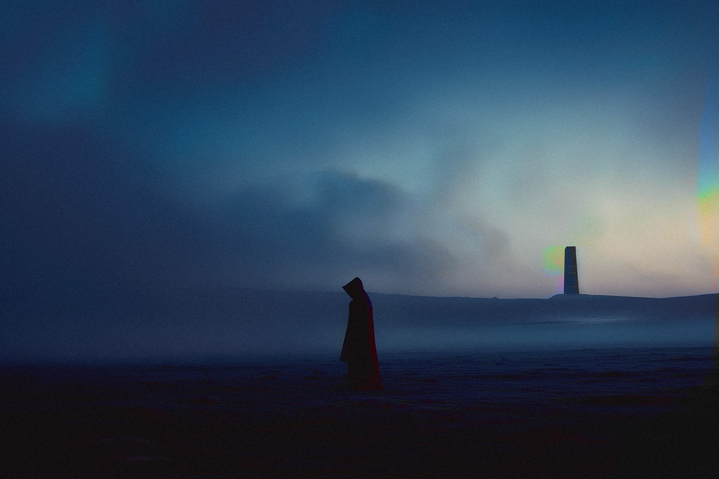A lone hooded person in a vast, empty landscape, trying to travel as far away as possible. An ethereal, minimalist new media AI artwork on the beauty and magic of loneliness, inspired by the cinematic look of Blade Runner 2049. | Wall Art