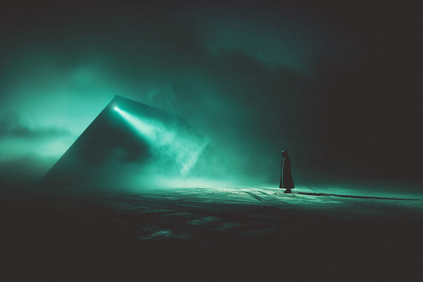 A lone hooded person in a foggy dark empty landscape in front of a mystical pyramid, illuminated by a bright spotlight. An ethereal, minimalist new media AI artwork on the beauty and magic of loneliness, inspired by the cinematic look of Blade Runner 2049. | Wall Art