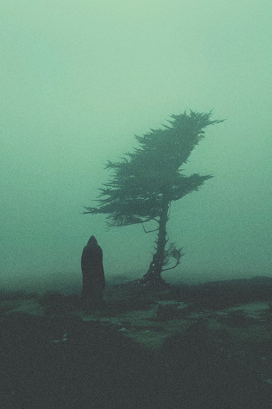 A lone hooded person in an empty, foggy mountain landscape in front of a lonely tree. An ethereal, minimalist new media AI artwork on the beauty and magic of loneliness, inspired by the cinematic look of Blade Runner 2049. | Wall Art