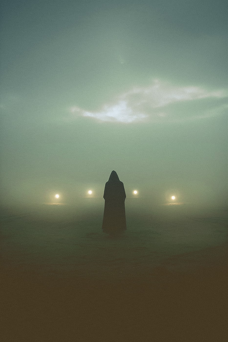 A lone hooded person in an empty, foggy landscape walking towards the horizon, towards the light of a new morning. An ethereal, minimalist new media AI artwork on the beauty and magic of loneliness, inspired by the cinematic look of Blade Runner 2049. | Wall Art