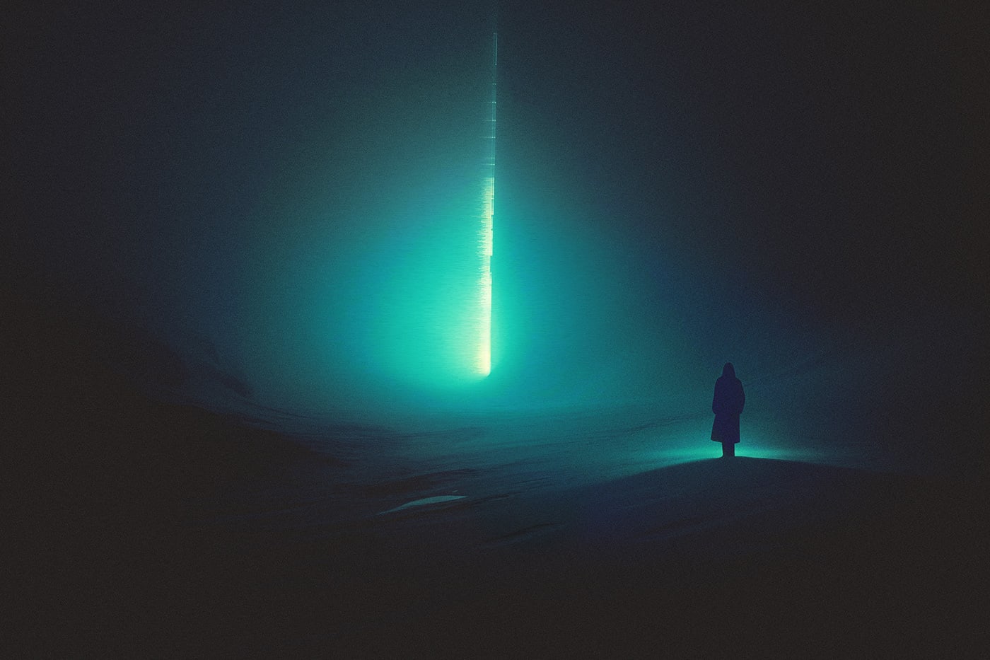 A lone hooded person in an empty snow landscape walking towards a mysterious, surreal light leading up towards the sky. An ethereal, minimalist new media AI artwork on the beauty and magic of loneliness, inspired by the cinematic look of Blade Runner 2049. | Wall Art