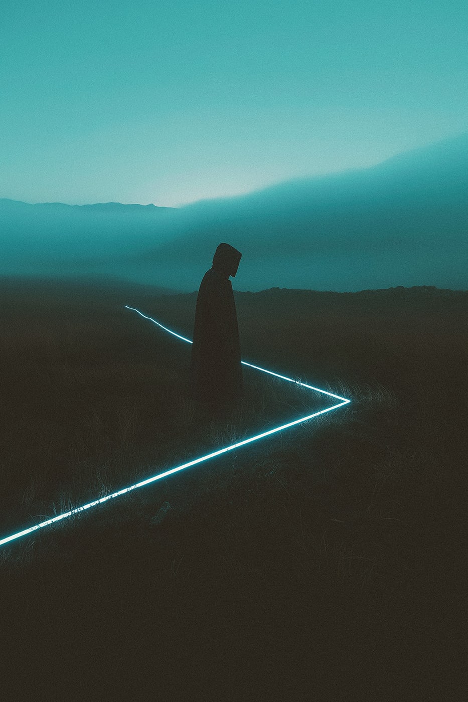 A lone hooded person in a quiet mountain landscape at sunrise, embracing the silence. Mysterious neon lights shining on the ground. An ethereal, minimalist new media AI artwork on the beauty and magic of loneliness, inspired by the cinematic look of Blade Runner 2049. | Wall Art