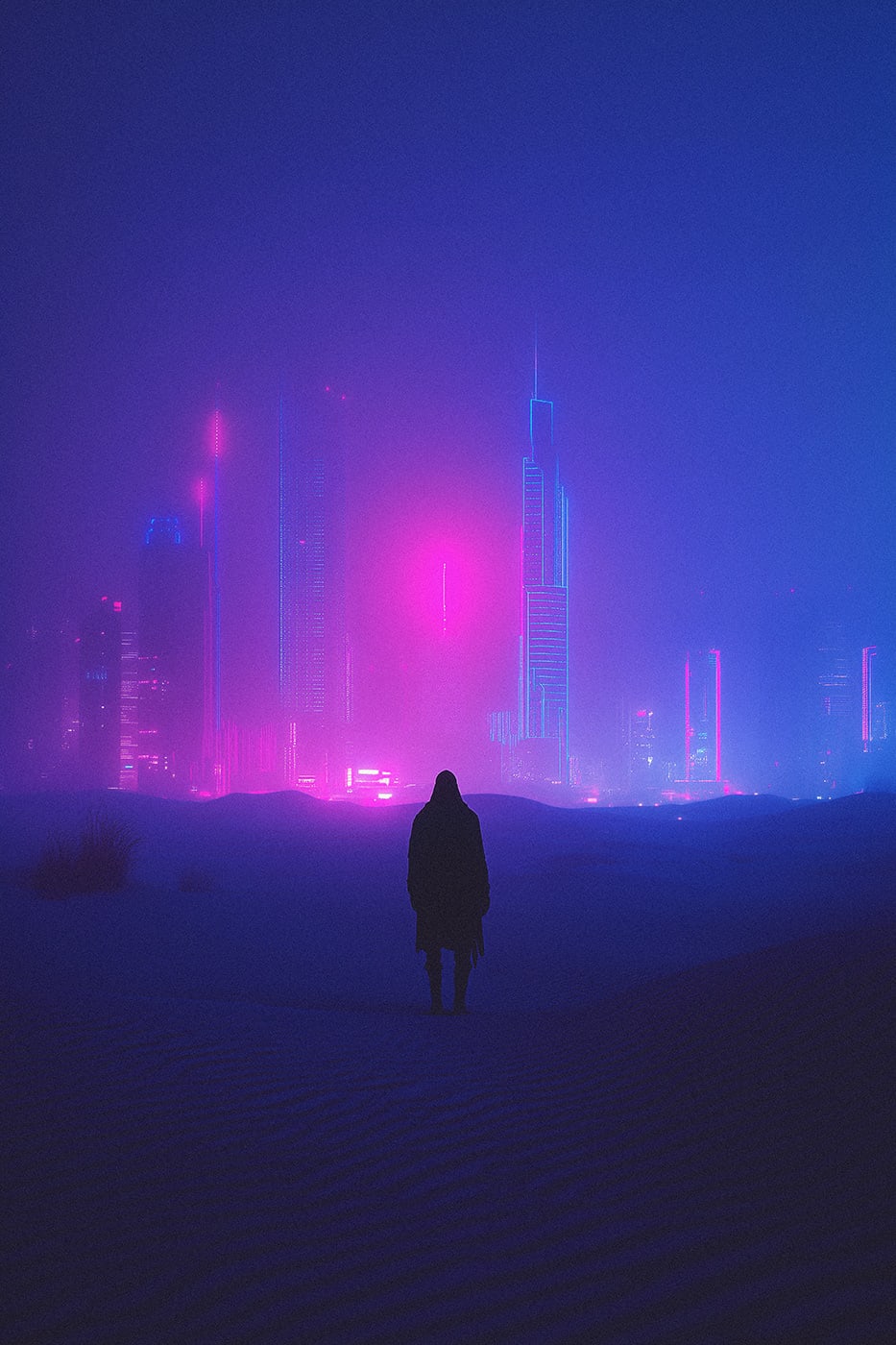 A mysterious lone hooded person staring on a nightly neon Cyberpunk city skyline from a desert landscape. An ethereal, minimalist new media AI artwork on the beauty and magic of loneliness, inspired by the cinematic look of Blade Runner 2049. | Wall Art
