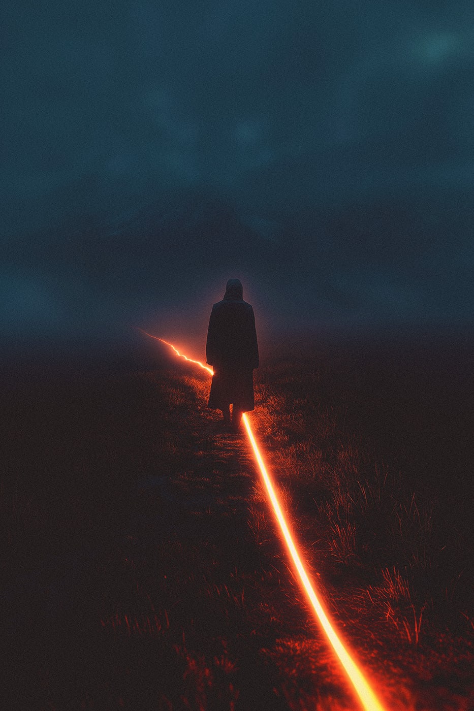 A lone hooded person on a dark mountain path at night. A glowing red neon light is leading the way. An ethereal, minimalist new media AI artwork on the beauty and magic of loneliness, inspired by the cinematic look of Blade Runner 2049. | Wall Art