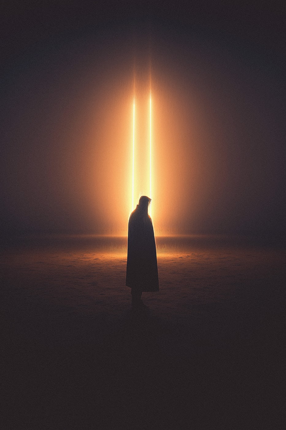 A lone hooded person in a pitch black dark spot, dissolving in and with light beams. An ethereal, minimalist new media AI artwork on the beauty and magic of loneliness, inspired by the cinematic look of Blade Runner 2049. | Wall Art