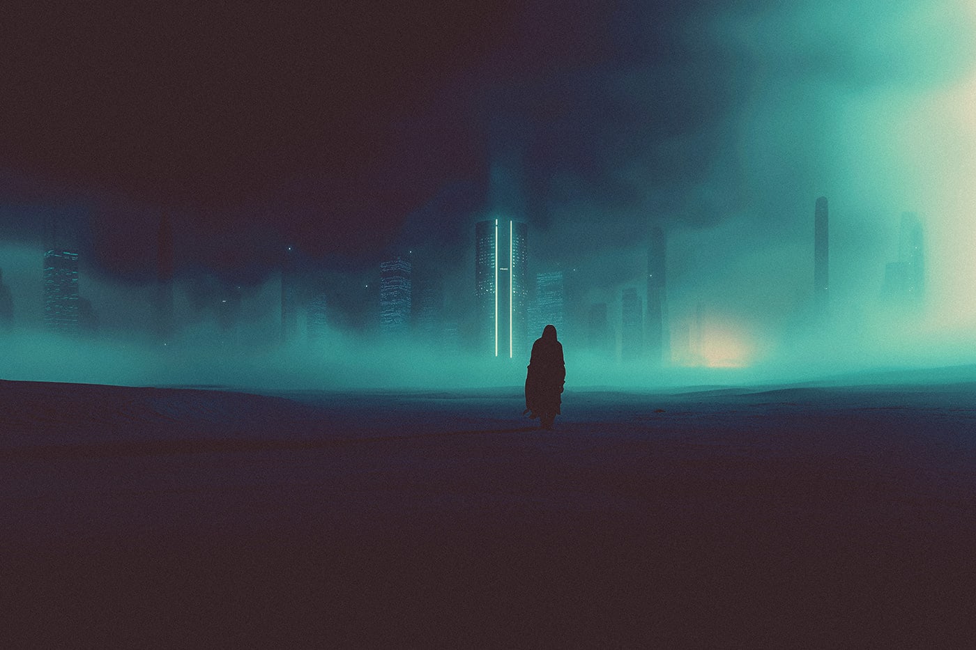 A lone hooded person approaching a city skyline covered in deep fog. A deep moody, dark atmosphere. An ethereal, minimalist new media AI artwork on the beauty and magic of loneliness, inspired by the cinematic look of Blade Runner 2049. | Wall Art