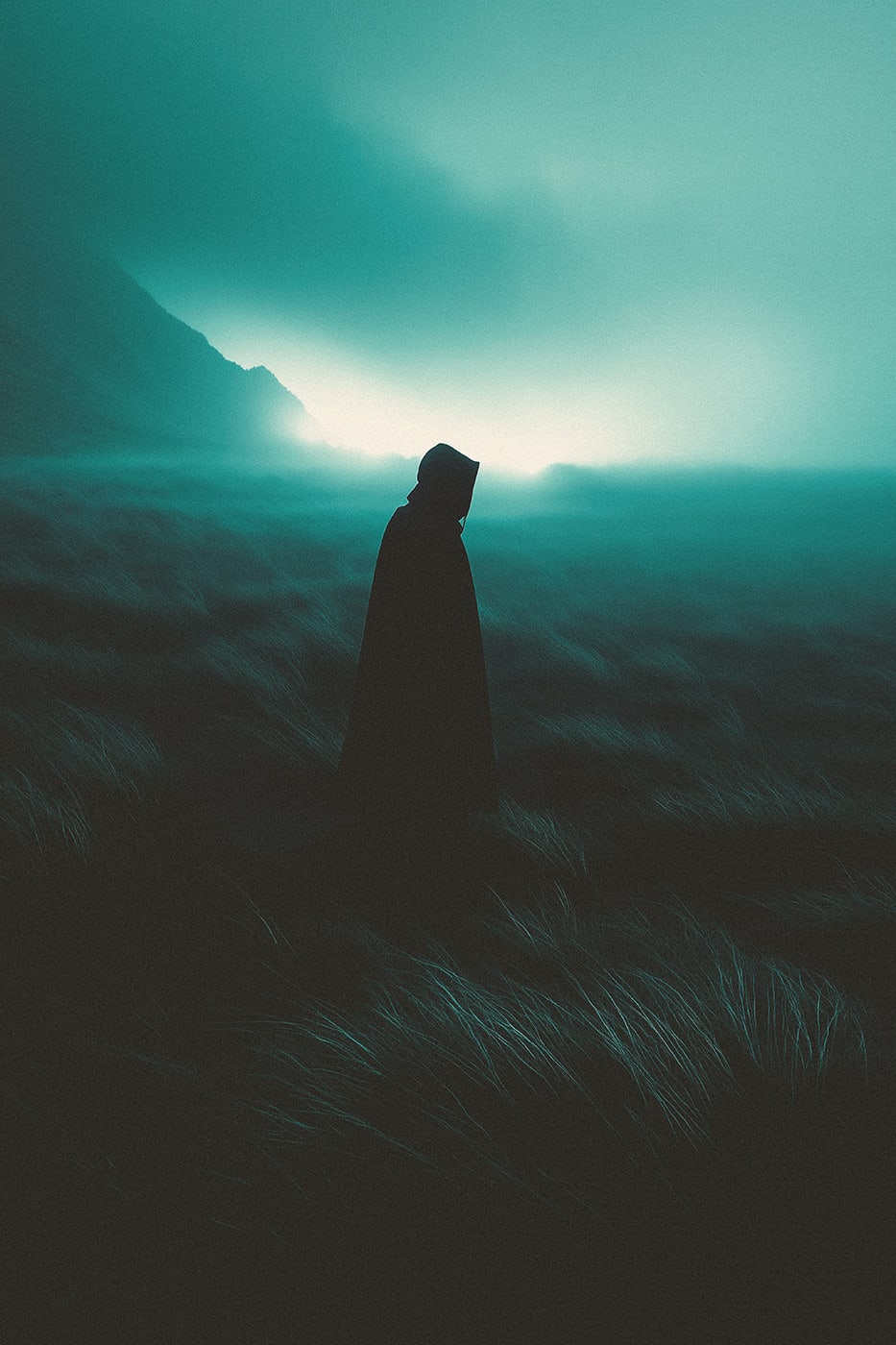A mysterious hooded person in a misty meadow field, the sun just starting to bring light to the new day. An ethereal, minimalist new media AI artwork on the beauty and magic of loneliness, inspired by the cinematic look of Blade Runner 2049. | Wall Art