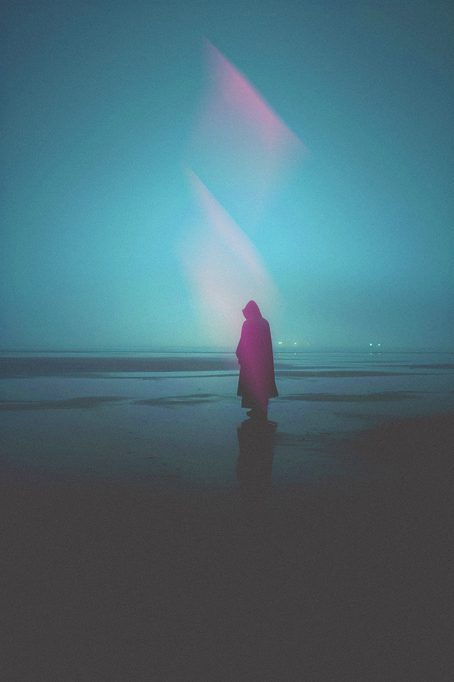 A mysterious hooded person in a quiet beach landscape at dawn, with a surreal light shining from above. An ethereal, minimalist new media AI artwork on the beauty and magic of solitude, inspired by the cinematic look of Blade Runner 2049. | Wall Art
