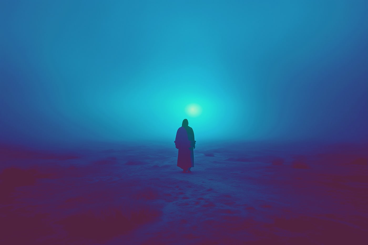 A mysterious hooded person in a surrealistic, trippy, dream-like fog landscape, wandering towards a distant shimmer. An ethereal, minimalist new media AI artwork on the beauty and magic of solitude, inspired by the cinematic look of Blade Runner 2049. | Wall Art